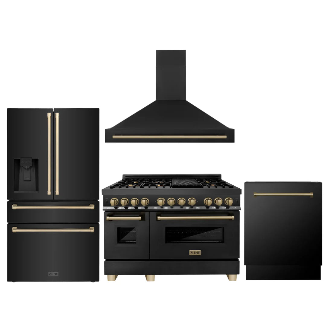 48 Dual Fuel Range, Range Hood, Refrigerator, Dishwasher in Black Stainless L617045
