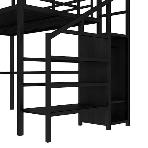 Full Size Metal Loft Bed with L-shaped Desk and Wardrobe A84348