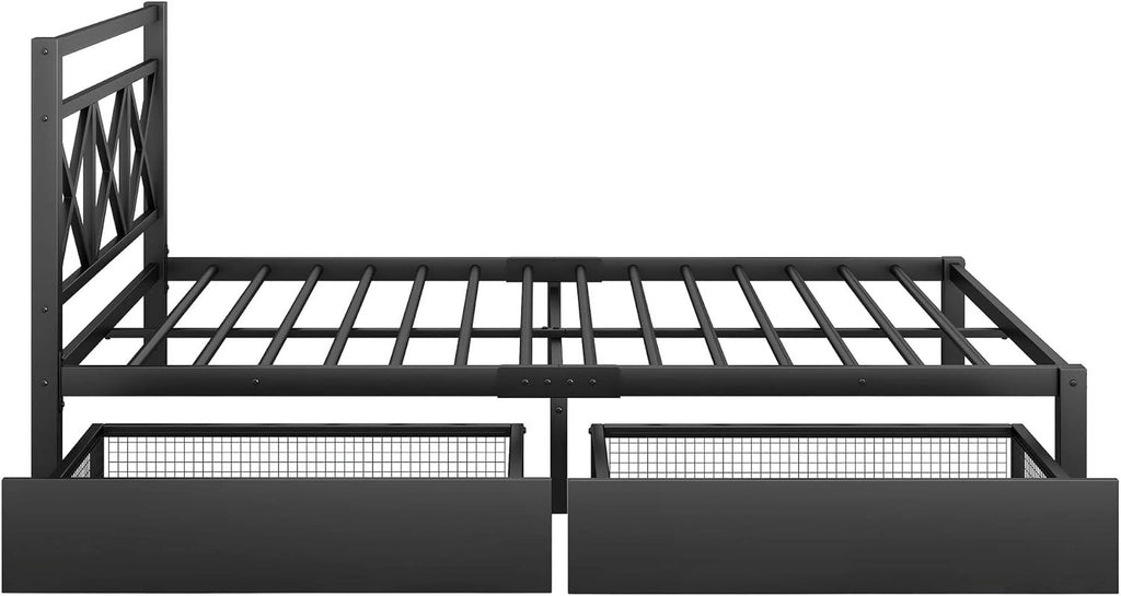 Queen Size Metal Platform Bed with 2 Side Drawers and Headboard R611094