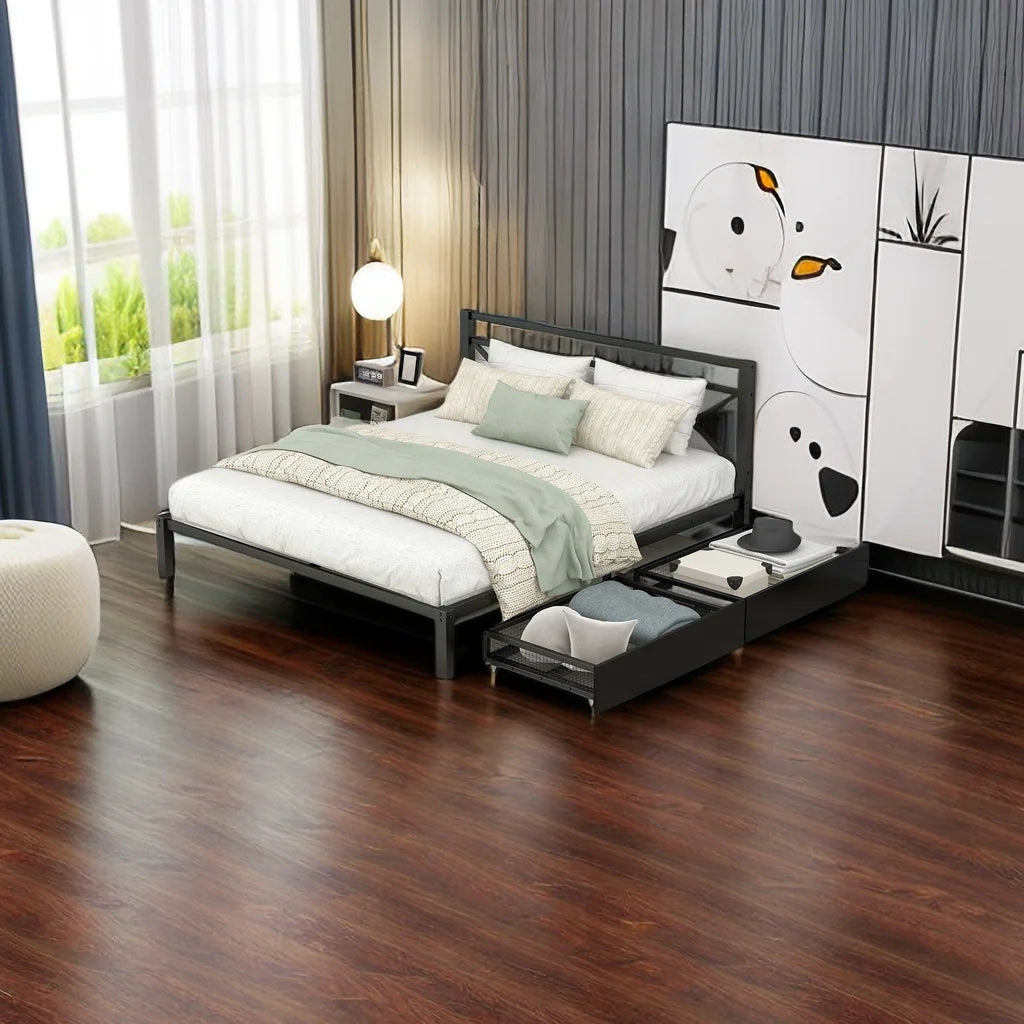 Queen Size Metal Platform Bed with 2 Side Drawers and Headboard R611094