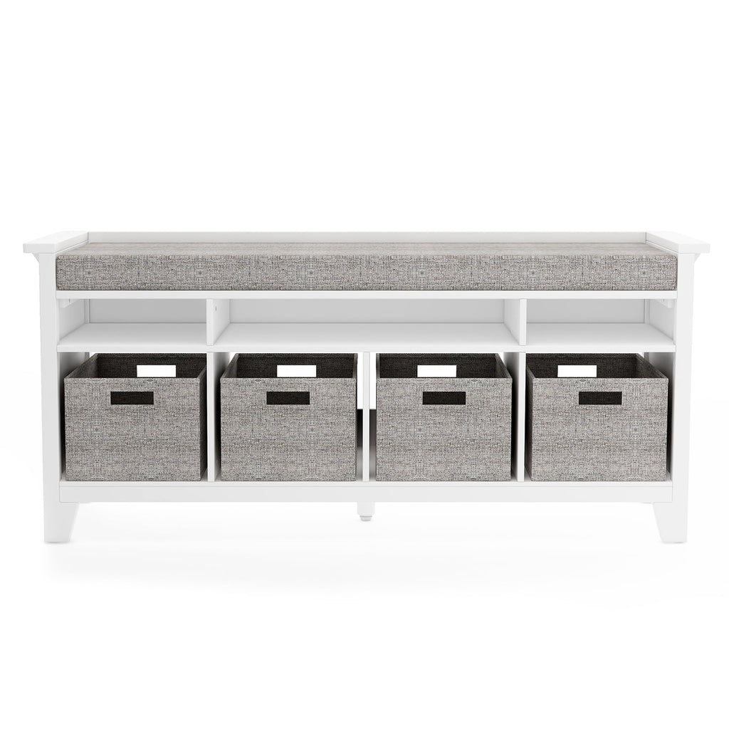 White Wood Kids' Storage Bench with Cushion and Fabric Bins F3419