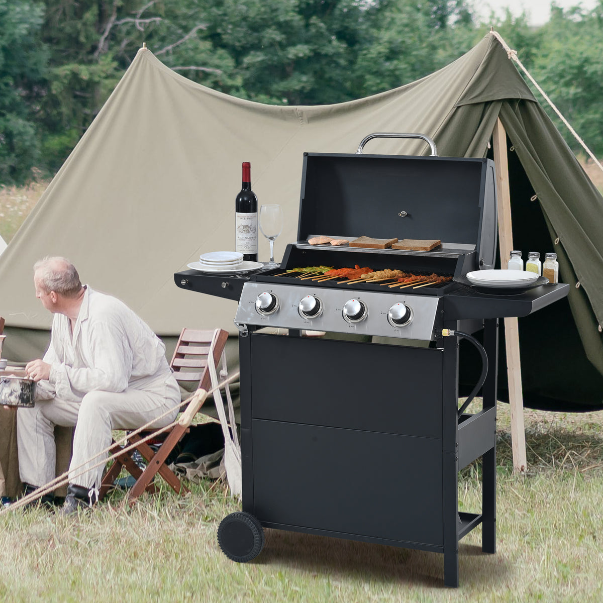 4 Burner Propane Gas Grill with Thermometer, 2 Prep Tables H47534
