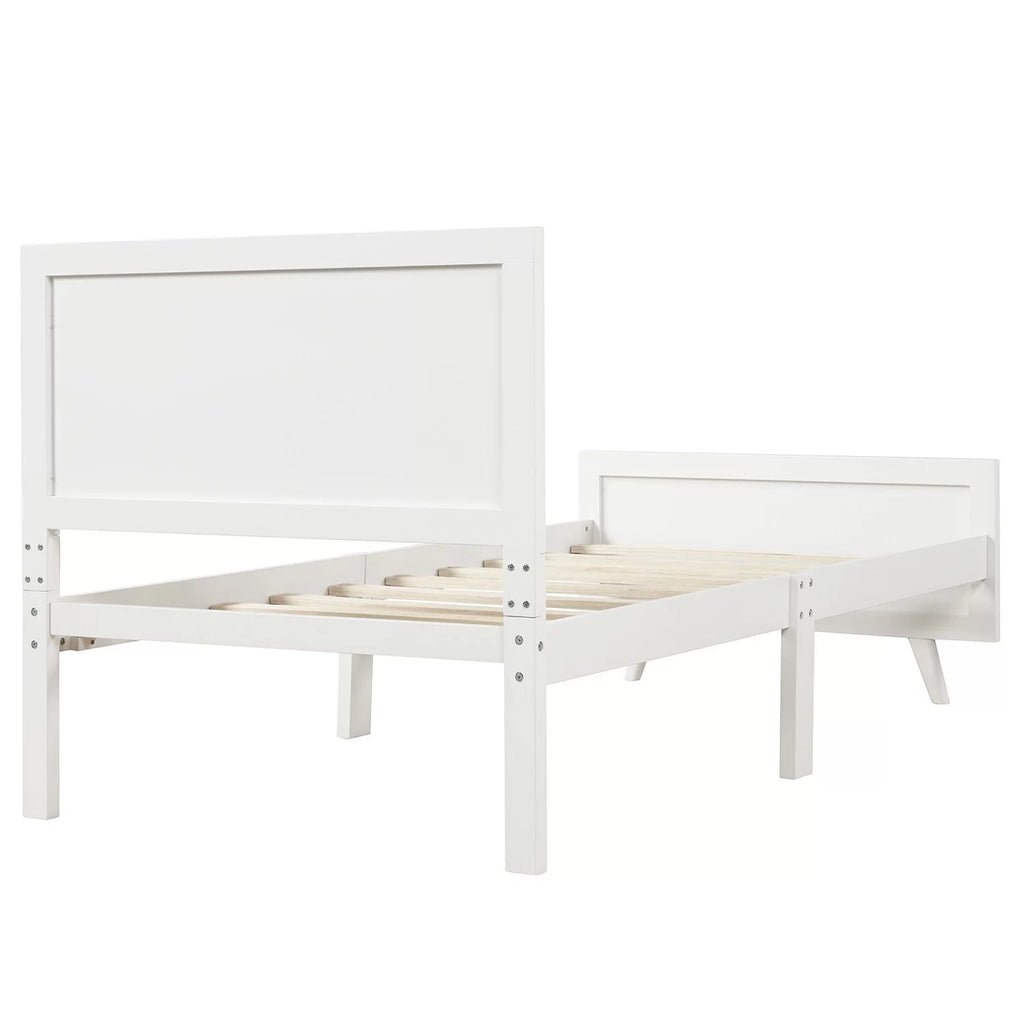 White Minimalist Wood Platform Bed Twin Bed Frame with Headboard W1608