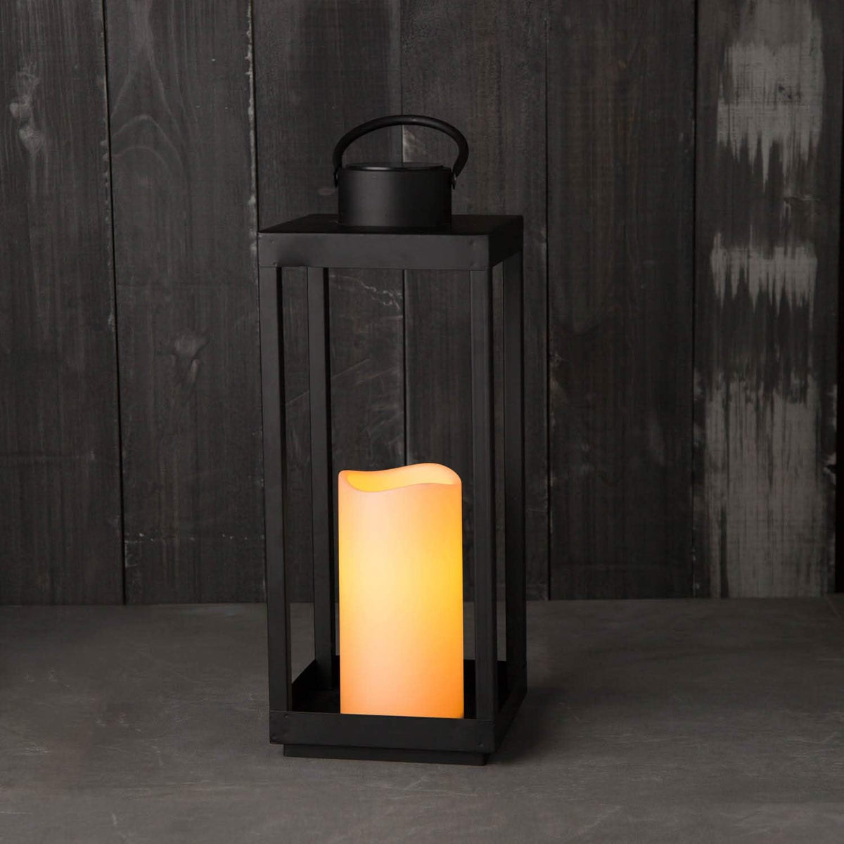Large Outdoor Lantern with Solar Candle, 18 Inch Tall, Matte Black Metal Frame, Waterproof Flameless Pillar Candle M2652