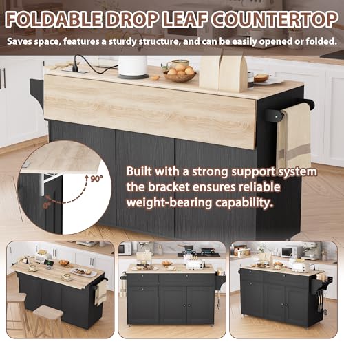 Rolling Kitchen Island with Trash Can Storage Cabinet, Power Outlet, Drop Leaf, Spice Rack, and Drawers, Black W124