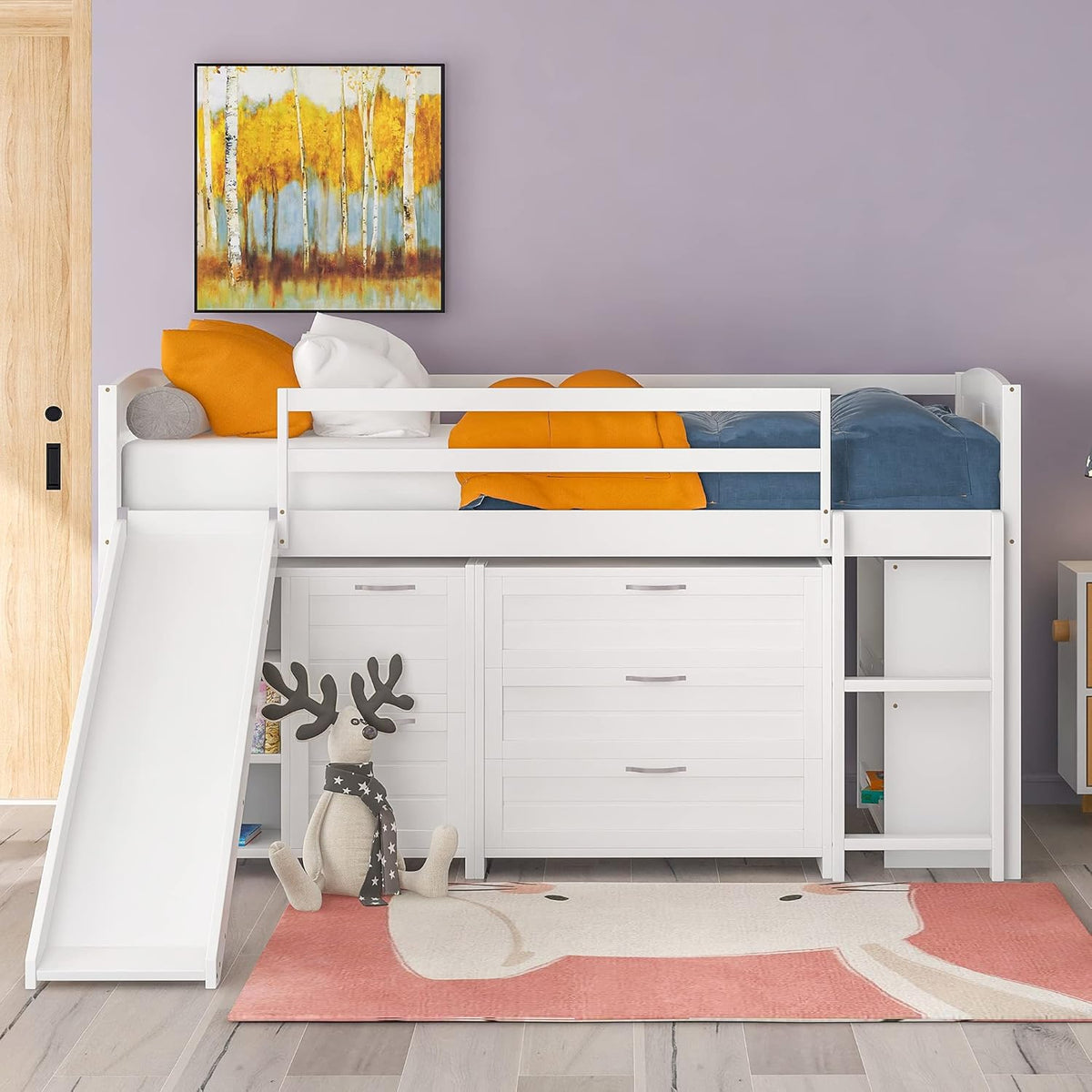 Twin Loft Bed with Desk and Cabinet Wooden Bunk Bed F372916