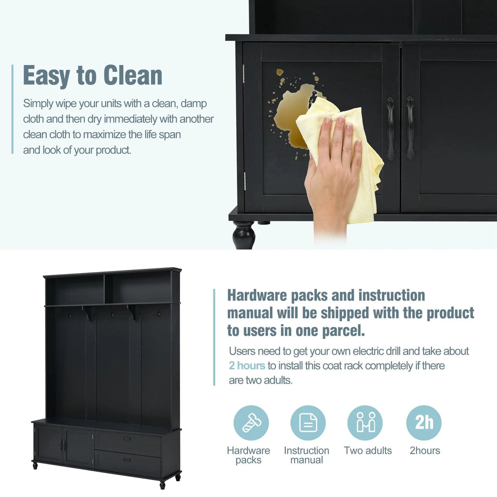 Hall Tree with Bench and Shoe Storage, Coat Rack, 2 Drawers and Shelves, 5 Hooks (Black) Y31897