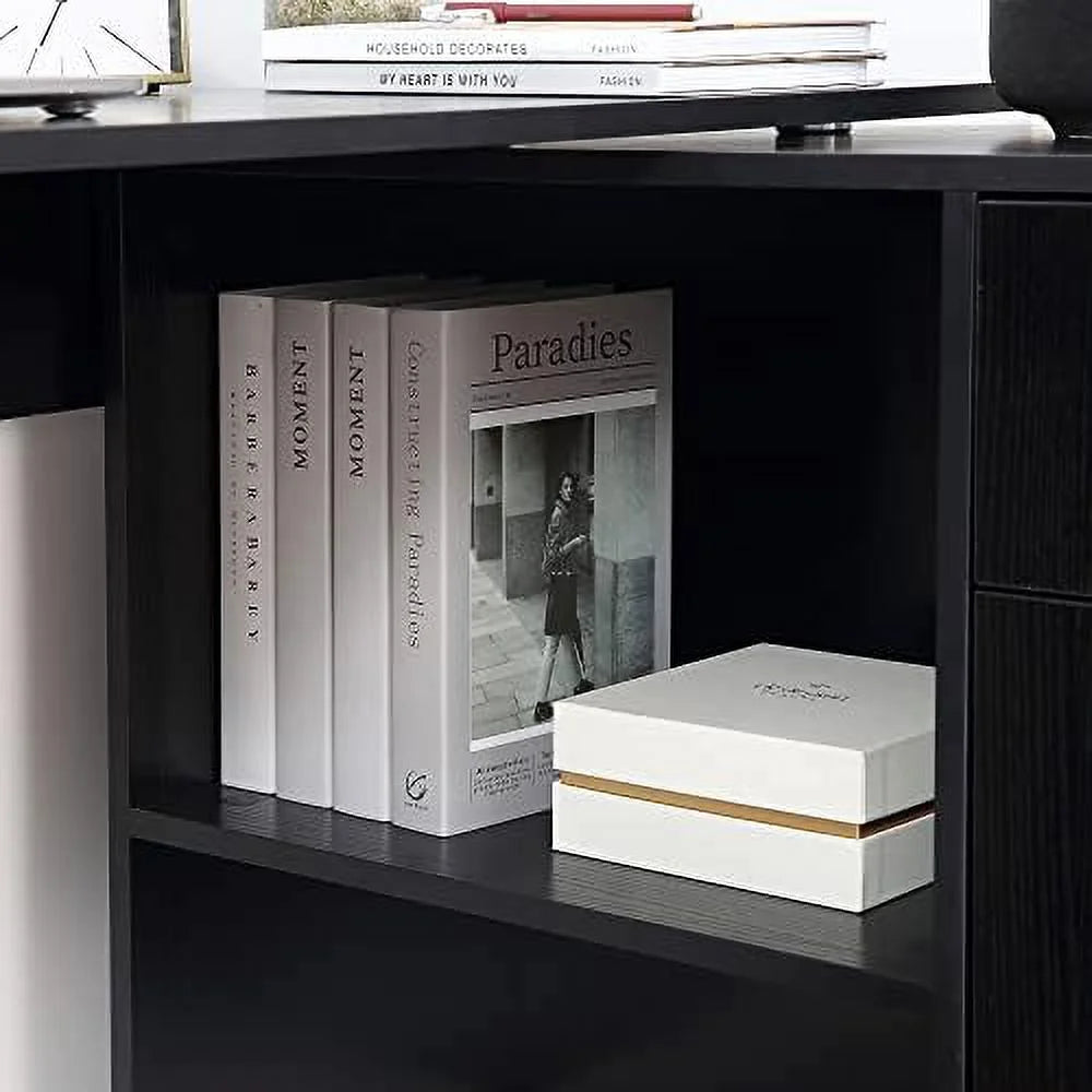 L Shaped Computer Desk with Shelves Drawer and Cabinet White Q334657