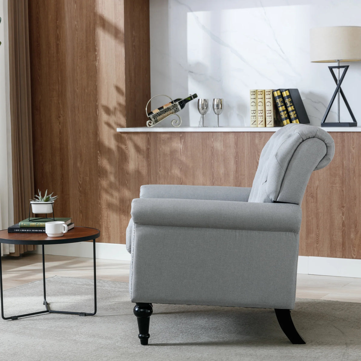 Light Gray Linen Fabric Accent Chair with Button Tufted Back T674
