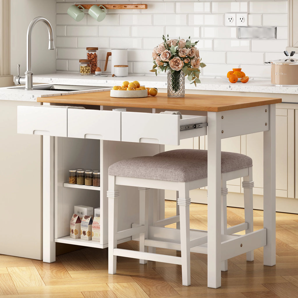 White 3-piece Rubber Wood Kitchen Island Set with 2 Seats R239573