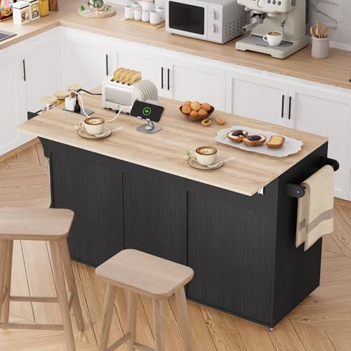 Rolling Kitchen Island with Trash Can Storage Cabinet, Power Outlet, Drop Leaf, Spice Rack, and Drawers, Black W124