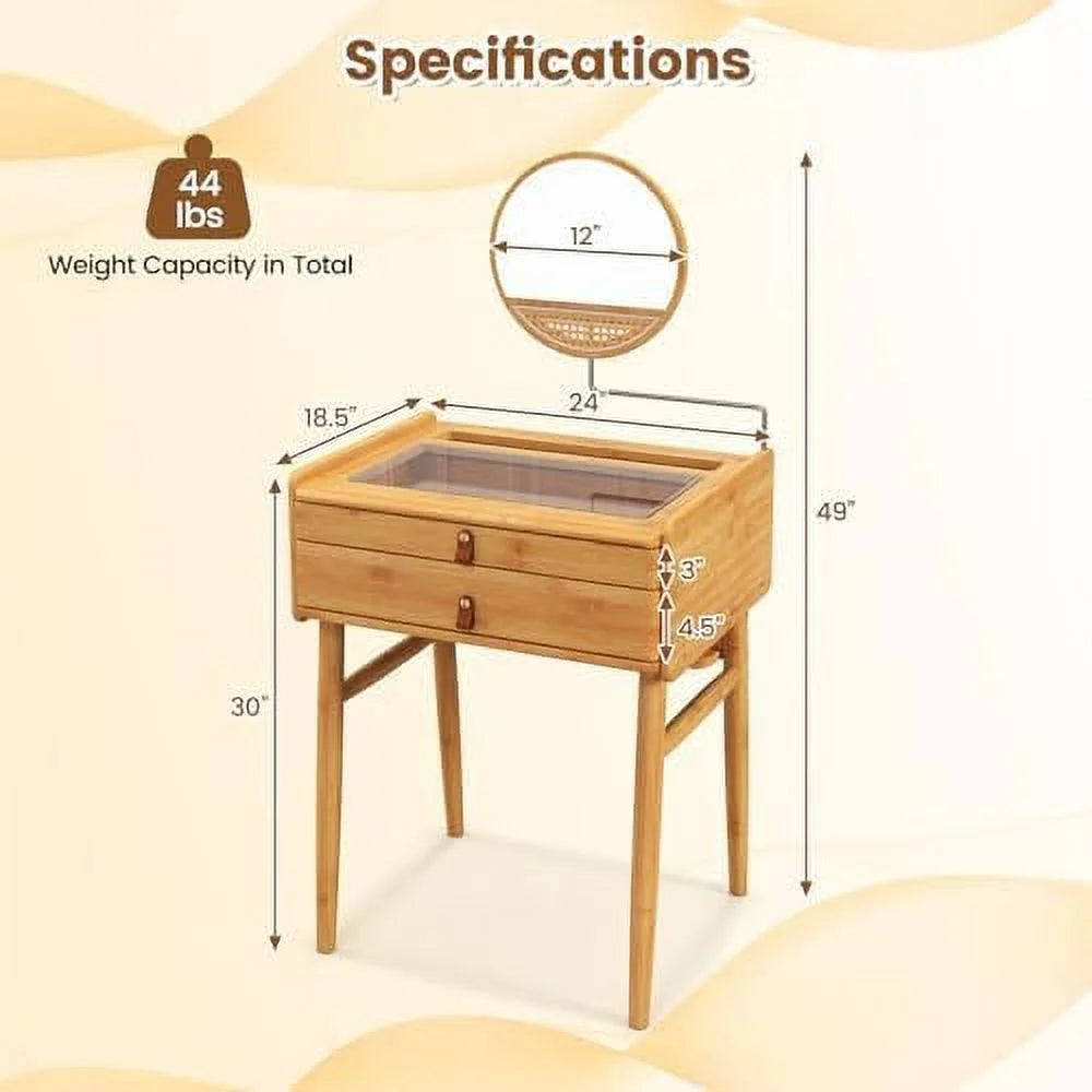 Vanity Desk with Rotating Mirror 2 Drawers Tempered Glass Tabletop X13002