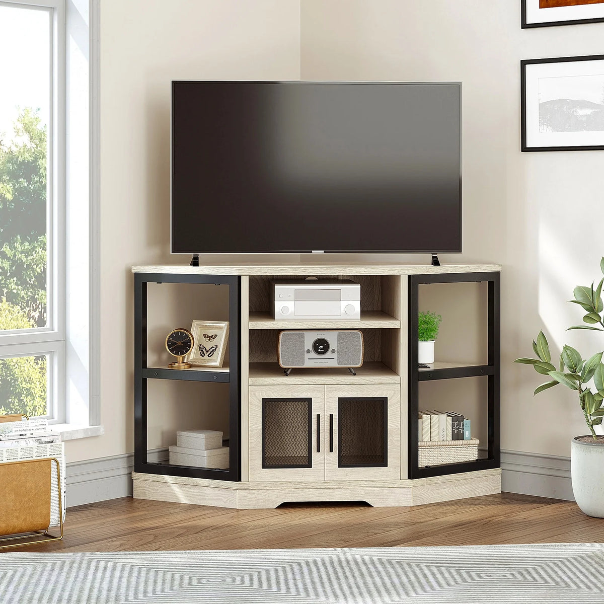 Farmhouse Corner TV Stand with Power Outlet Oak U293429