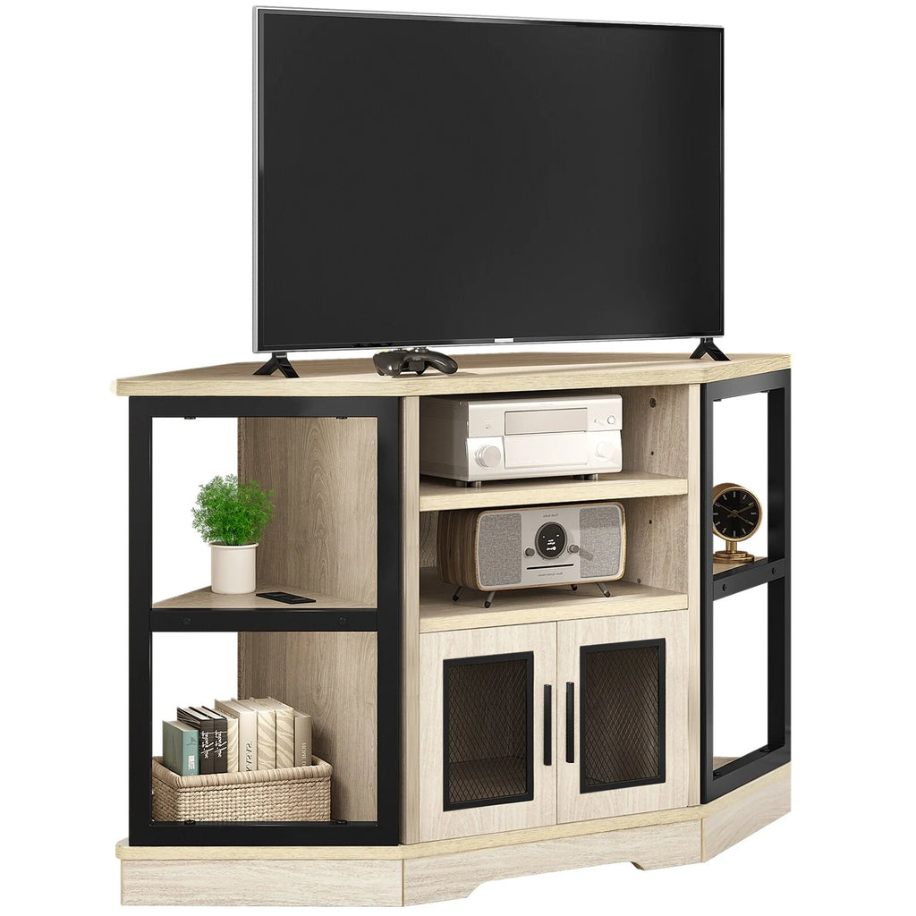 Farmhouse Corner TV Stand with Power Outlet Oak U293429