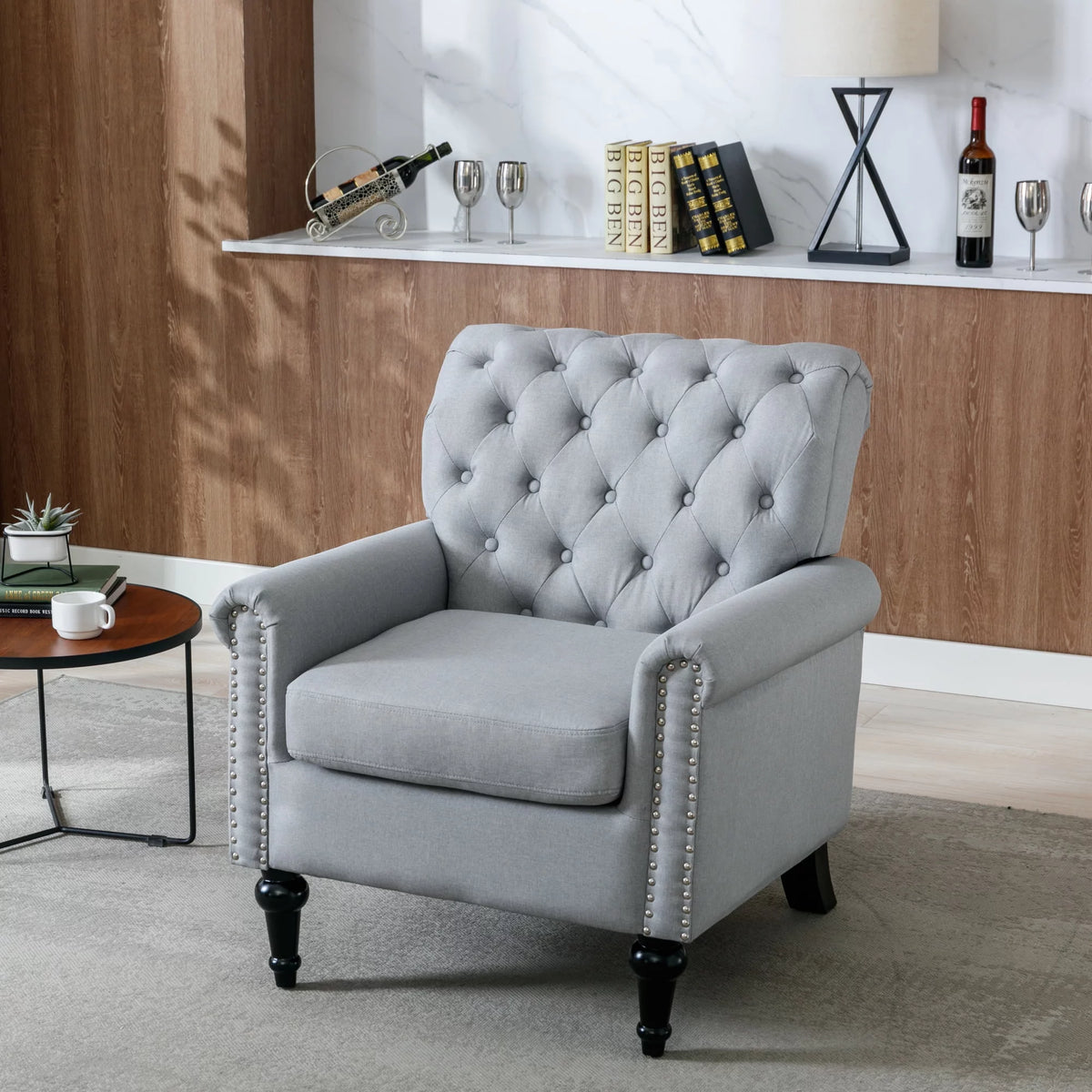 Light Gray Linen Fabric Accent Chair with Button Tufted Back T674