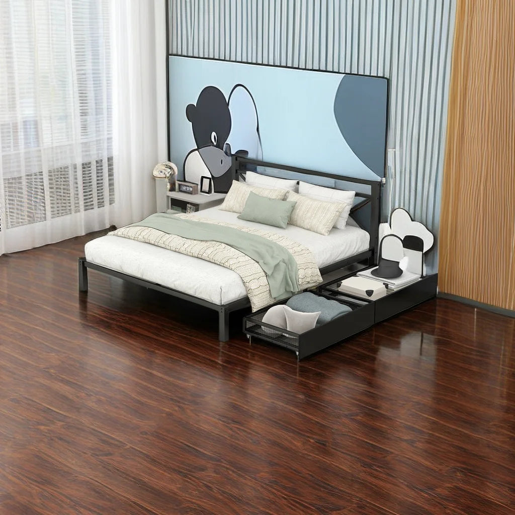 Queen Size Metal Platform Bed with 2 Side Drawers and Headboard R611094
