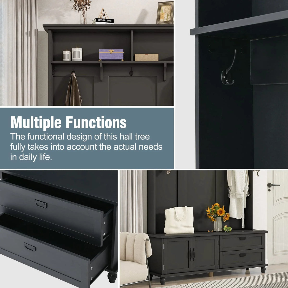 Hall Tree with Bench and Shoe Storage, Coat Rack, 2 Drawers and Shelves, 5 Hooks (Black) Y31897
