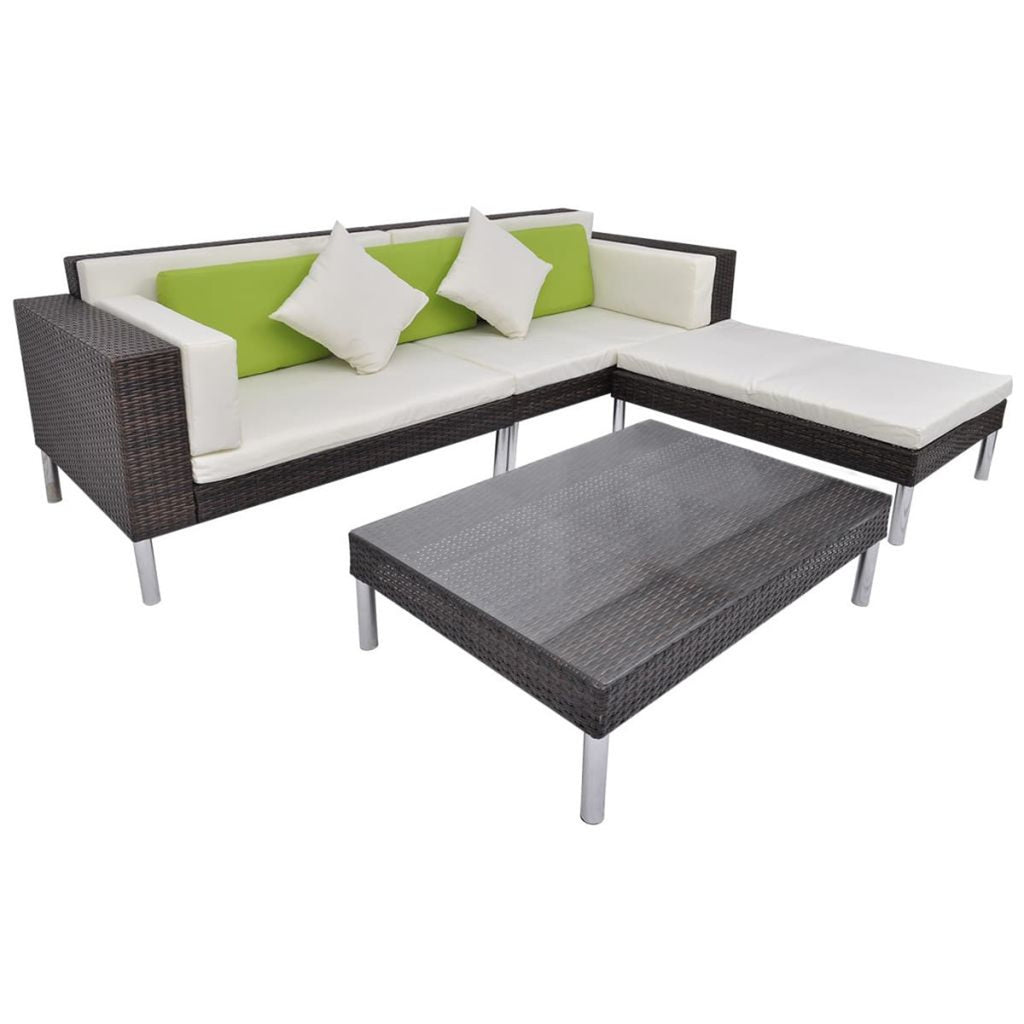 4 Piece Outdoor Conversation Set Cushioned Corner Sofa with Ottoman and Coffee Table Sectional Sofa Set Brown Poly Rattan L406315