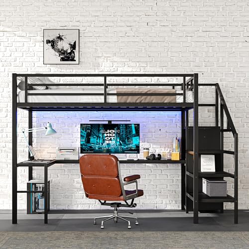 Full Size Metal Loft Bed with L-shaped Desk and Wardrobe A84348