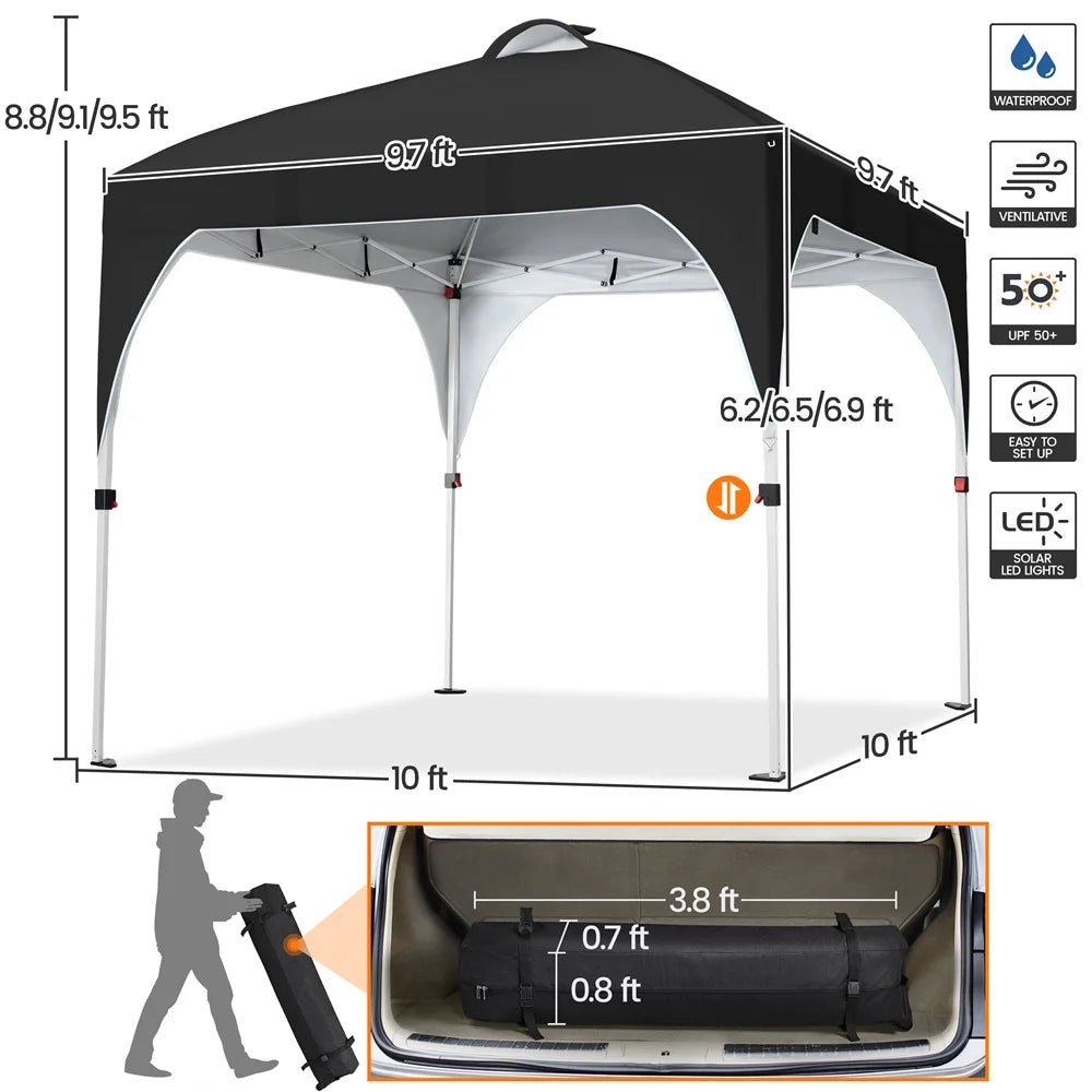 Black 10×10ft Canopy Tent with 17 Solar LED Lights Q6953