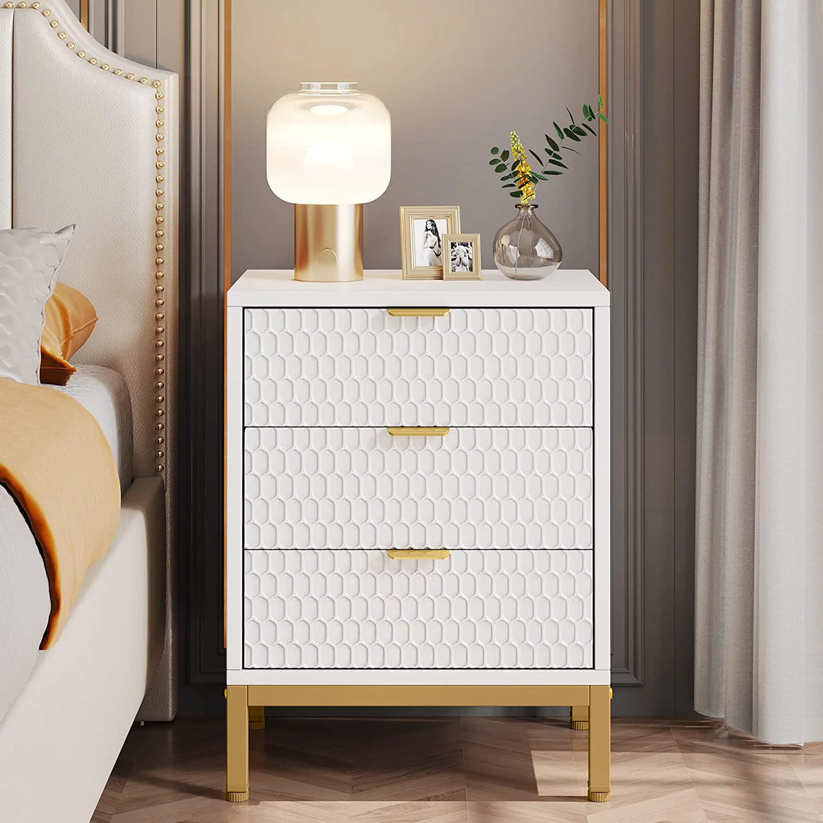 White and Gold 3 Drawer Nightstand G830411