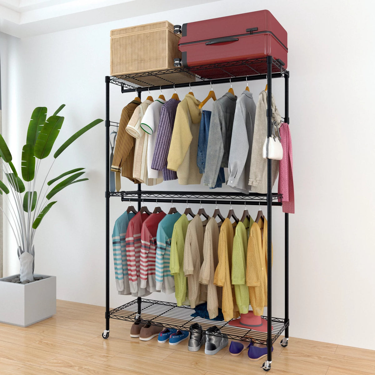 Black 2-Tier Rolling Garment Rack with Double Clothes Rod U6196