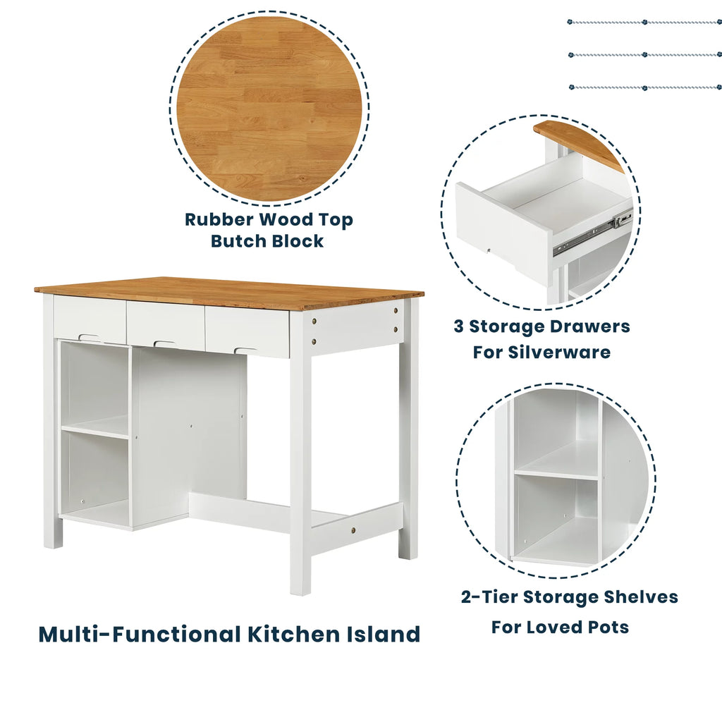 White 3-piece Rubber Wood Kitchen Island Set with 2 Seats R239573
