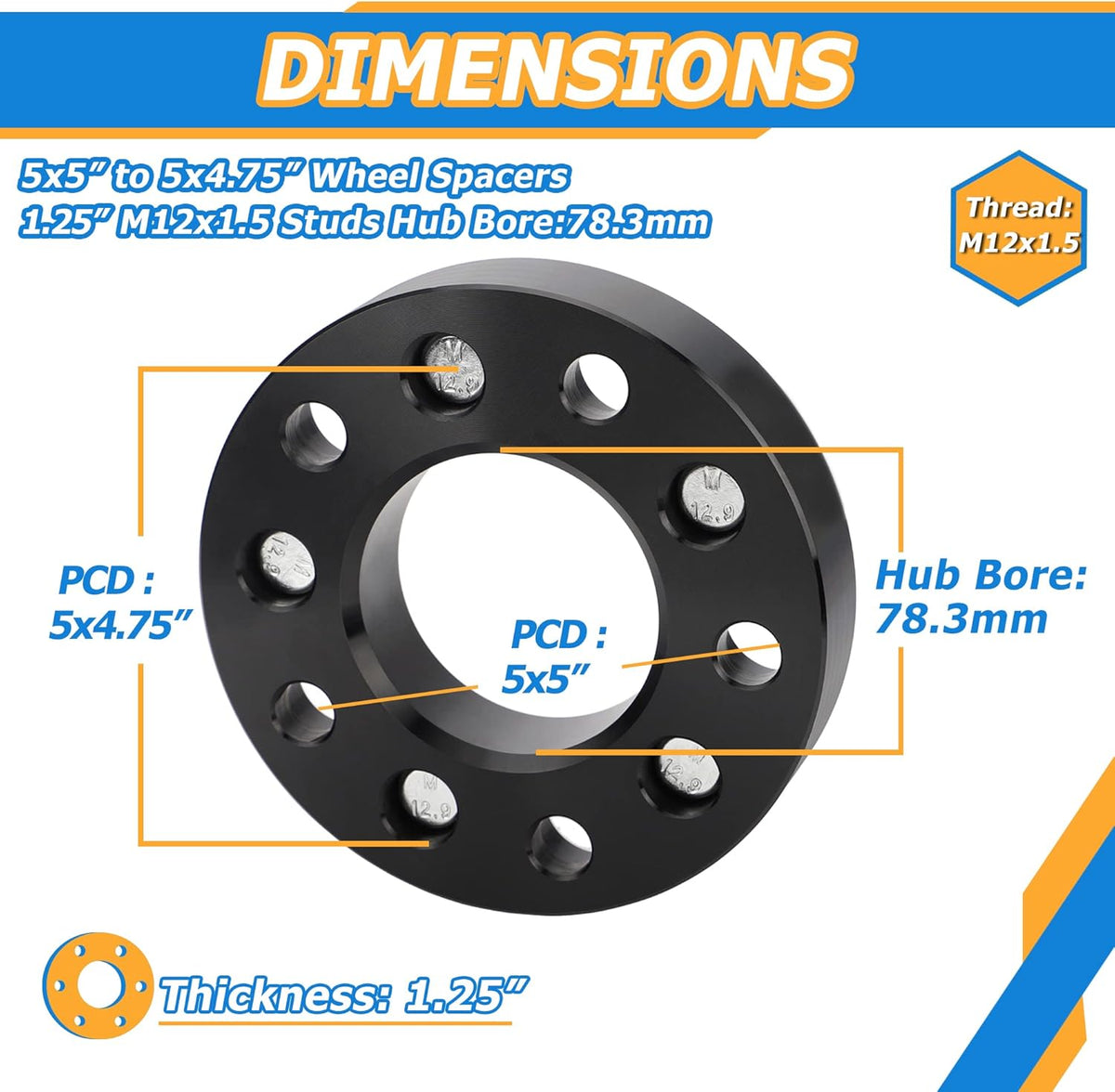 5x5 to 5x4.75 Wheel Adapters, 1.25 inch, 78.3mm Hub Bore, 12x1.5 Thread Pitch L818