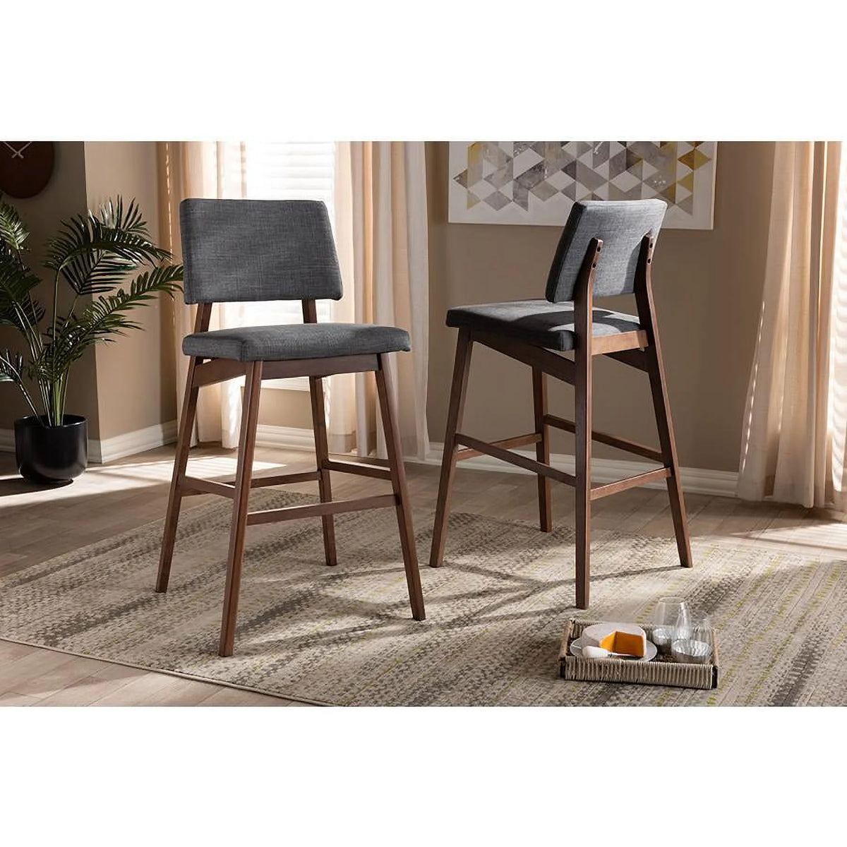 Dark Gray Fabric Upholstered Wood Bar Stool Set of 2 C100825