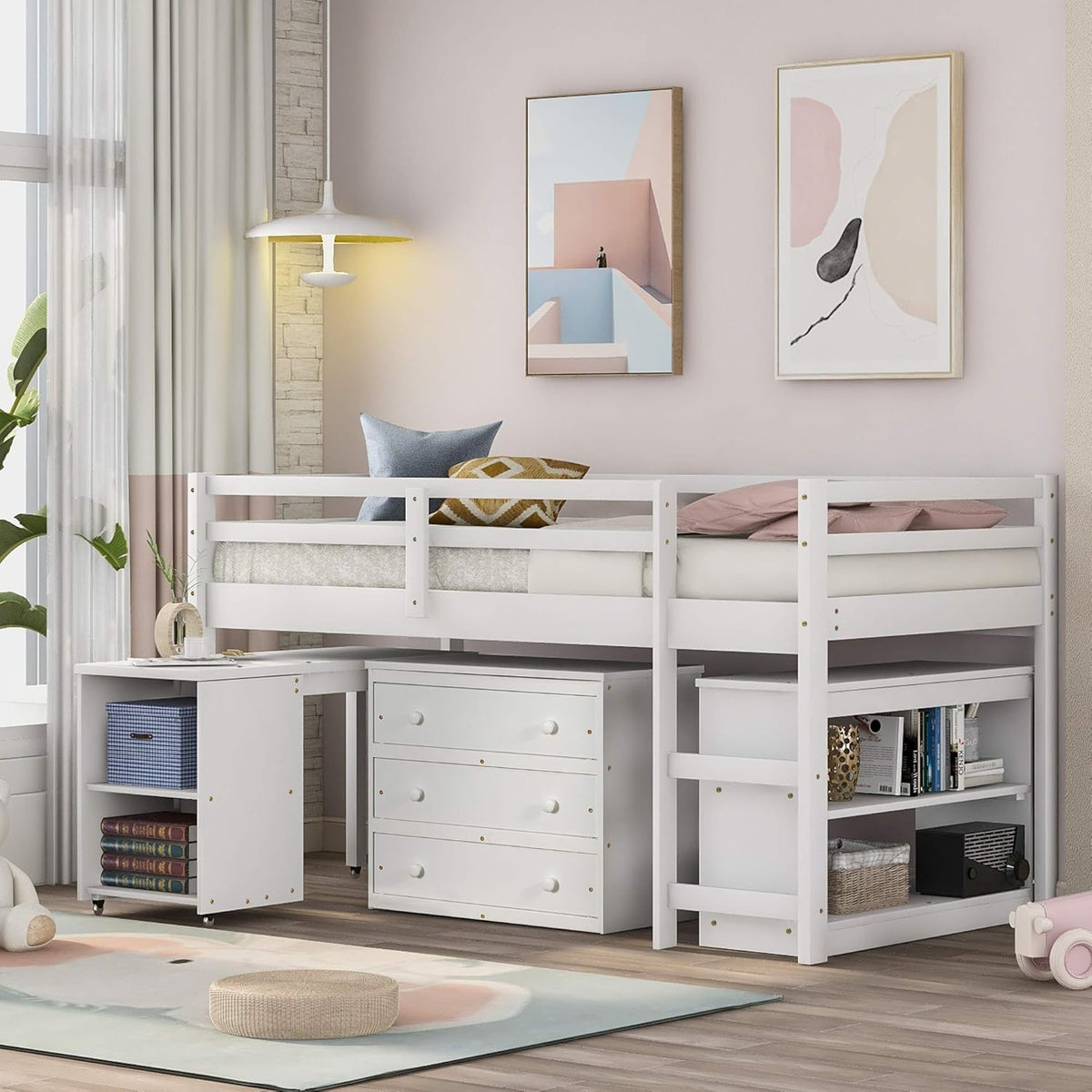 Twin Loft Bed with Desk and Cabinet Wooden Bunk Bed F372916