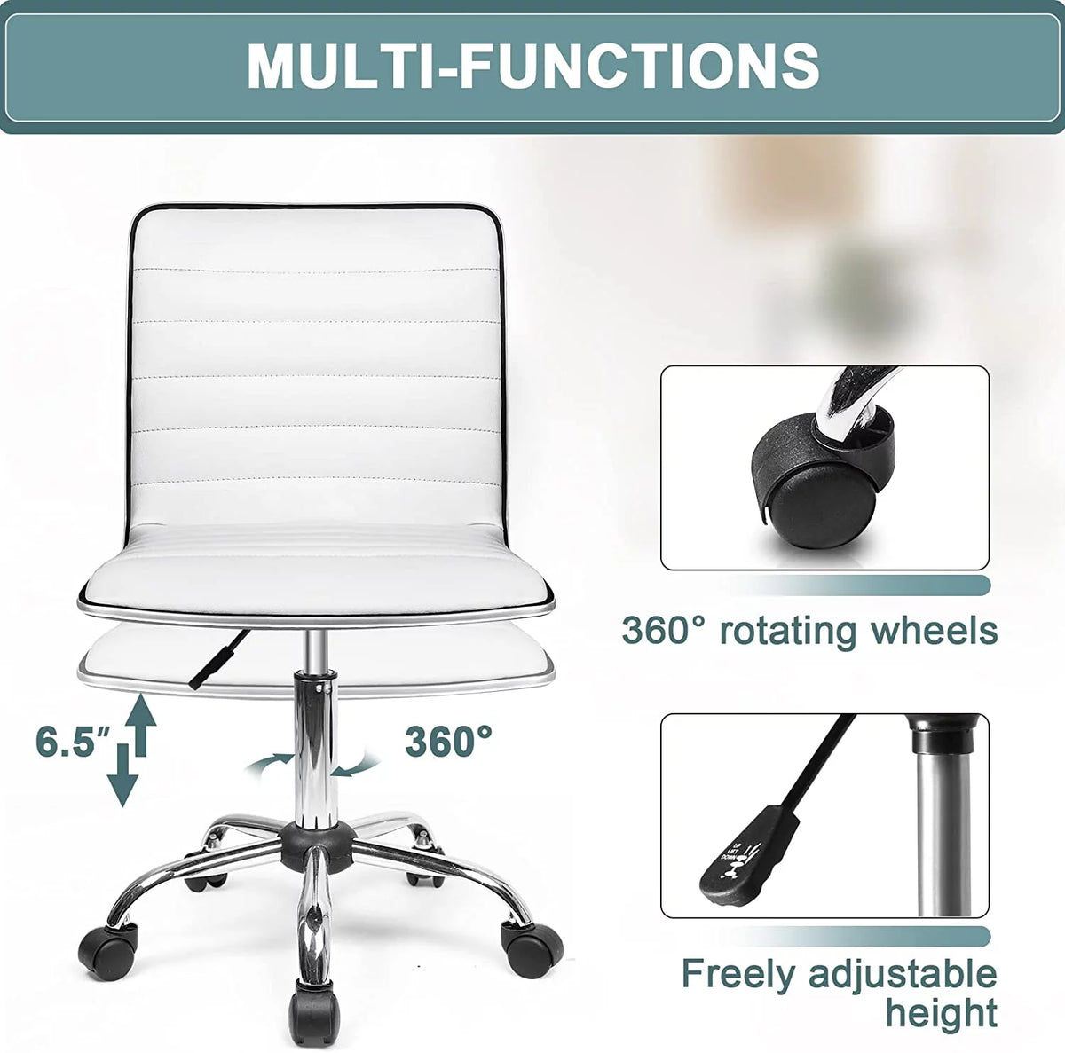Black Armless Leather Swivel Desk Chair with Wheels D4777