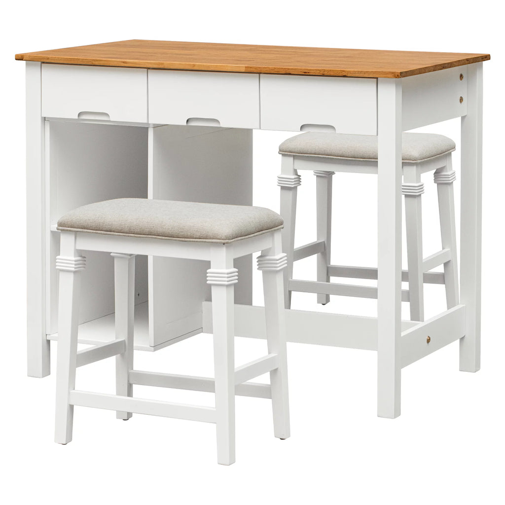White 3-piece Rubber Wood Kitchen Island Set with 2 Seats R239573
