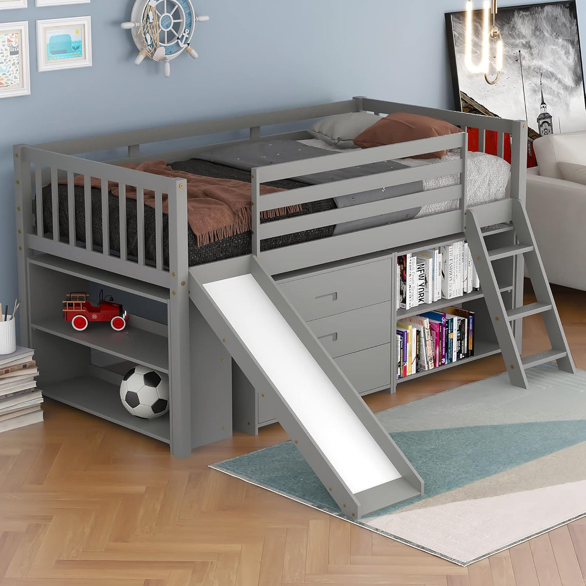 Twin Loft Bed with Desk and Cabinet Wooden Bunk Bed F372916