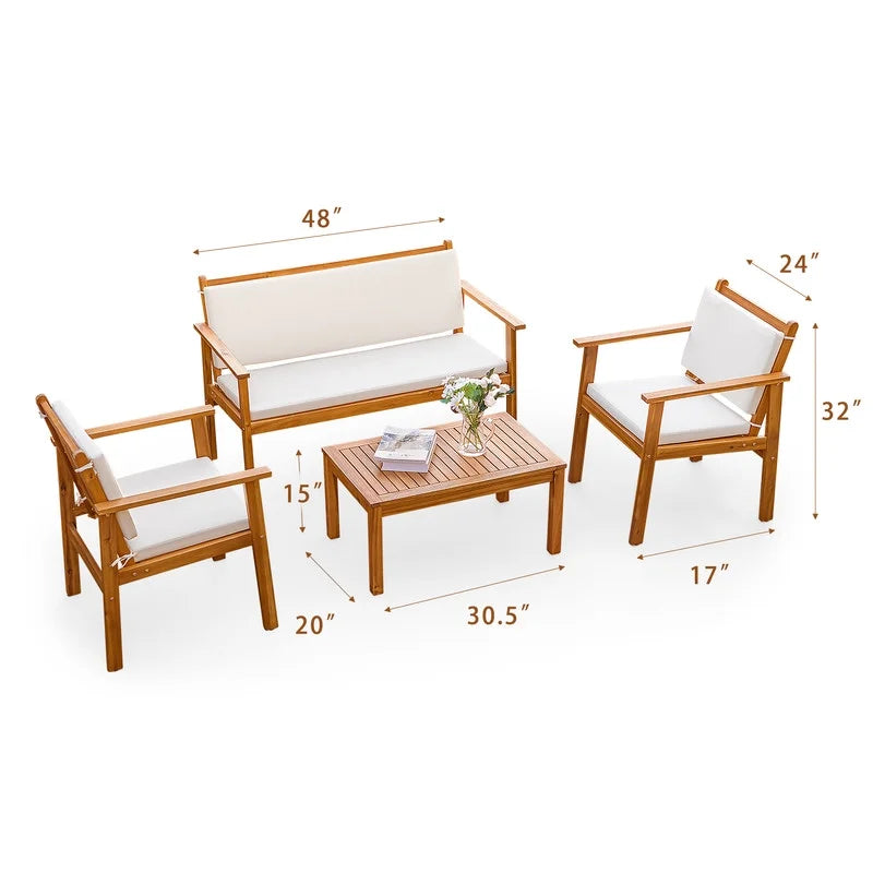 4 Pc Acacia Patio Furniture Set with Cushion and Table N236017