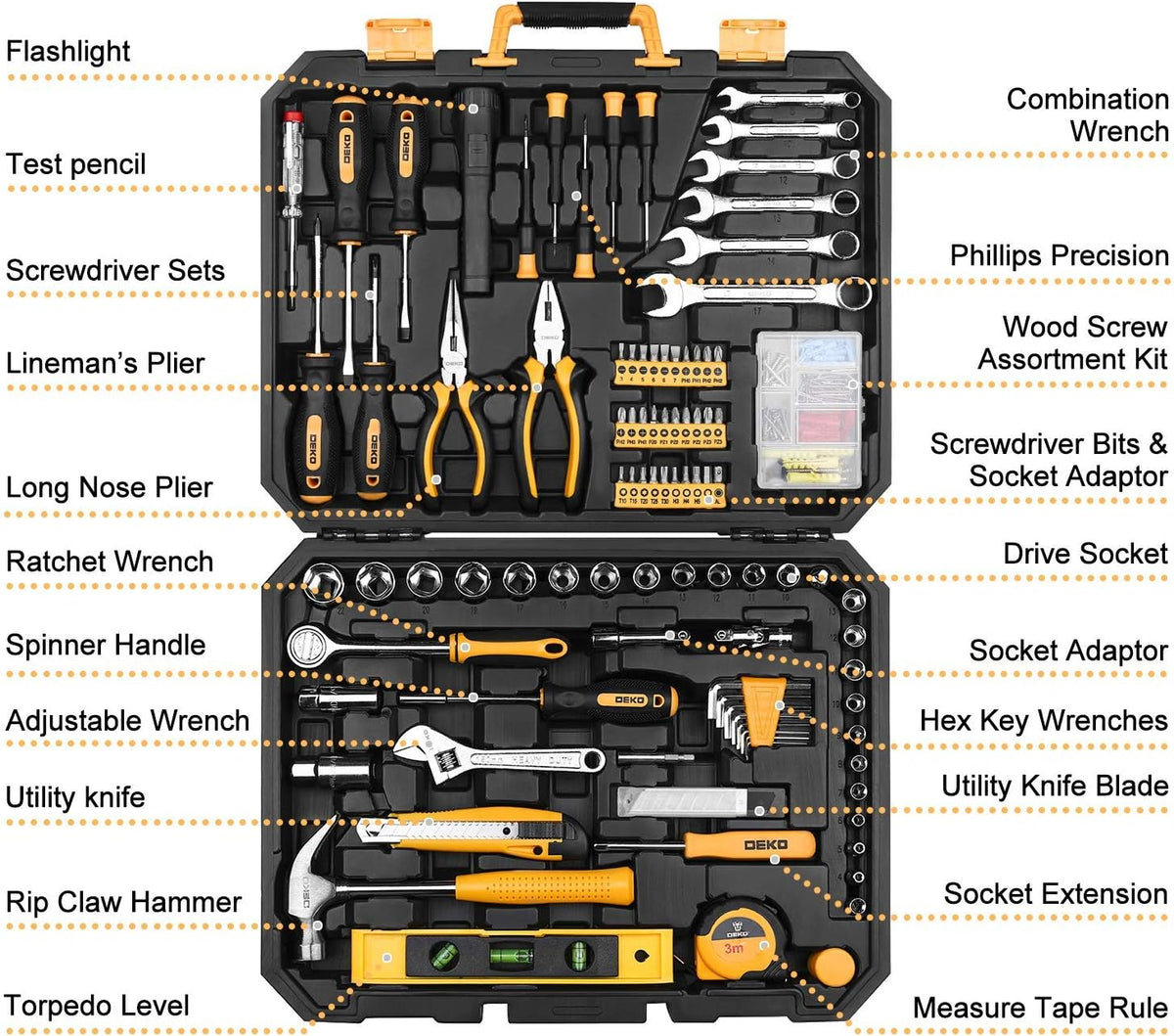 208 Piece General Household Hand Tool Kit with Plastic Toolbox Storage Case D41035
