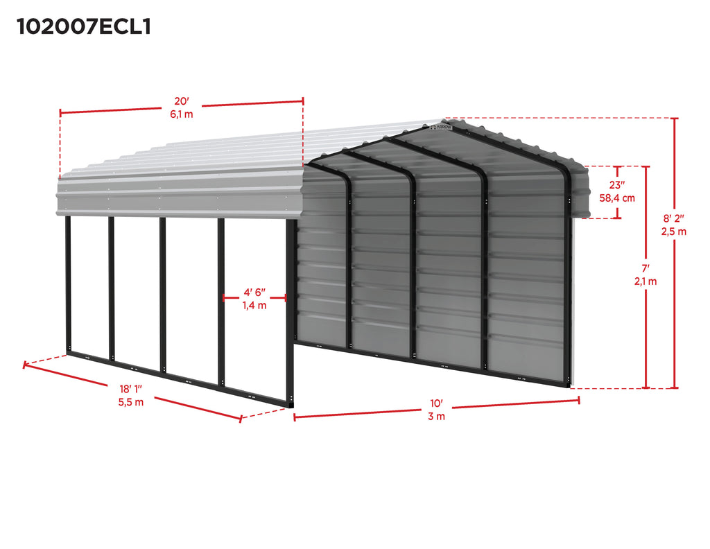 Galvanized Steel Carport Kit, 10' x 20' x 7' R624