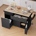 Rolling Kitchen Island with Trash Can Storage Cabinet, Power Outlet, Drop Leaf, Spice Rack, and Drawers, Black W124