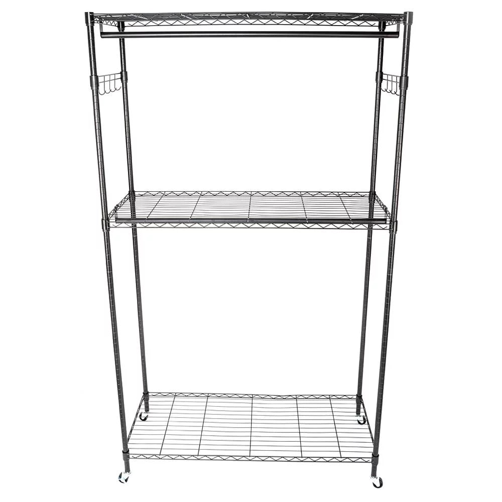 Black 2-Tier Rolling Garment Rack with Double Clothes Rod U6196