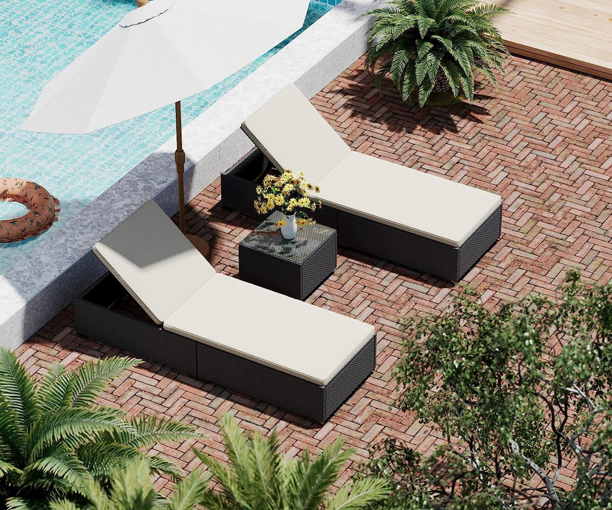 Outdoor PE Wicker Chaise Lounge Set with Cushions and Storage Table J6230