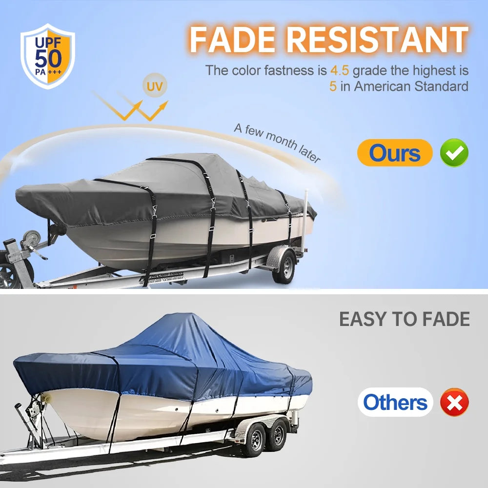 Trailerable Waterproof Heavy Duty Boat Cover for V-Hull, Tri-Hull, Runabout, 16'-18.5' Long, Gray U950