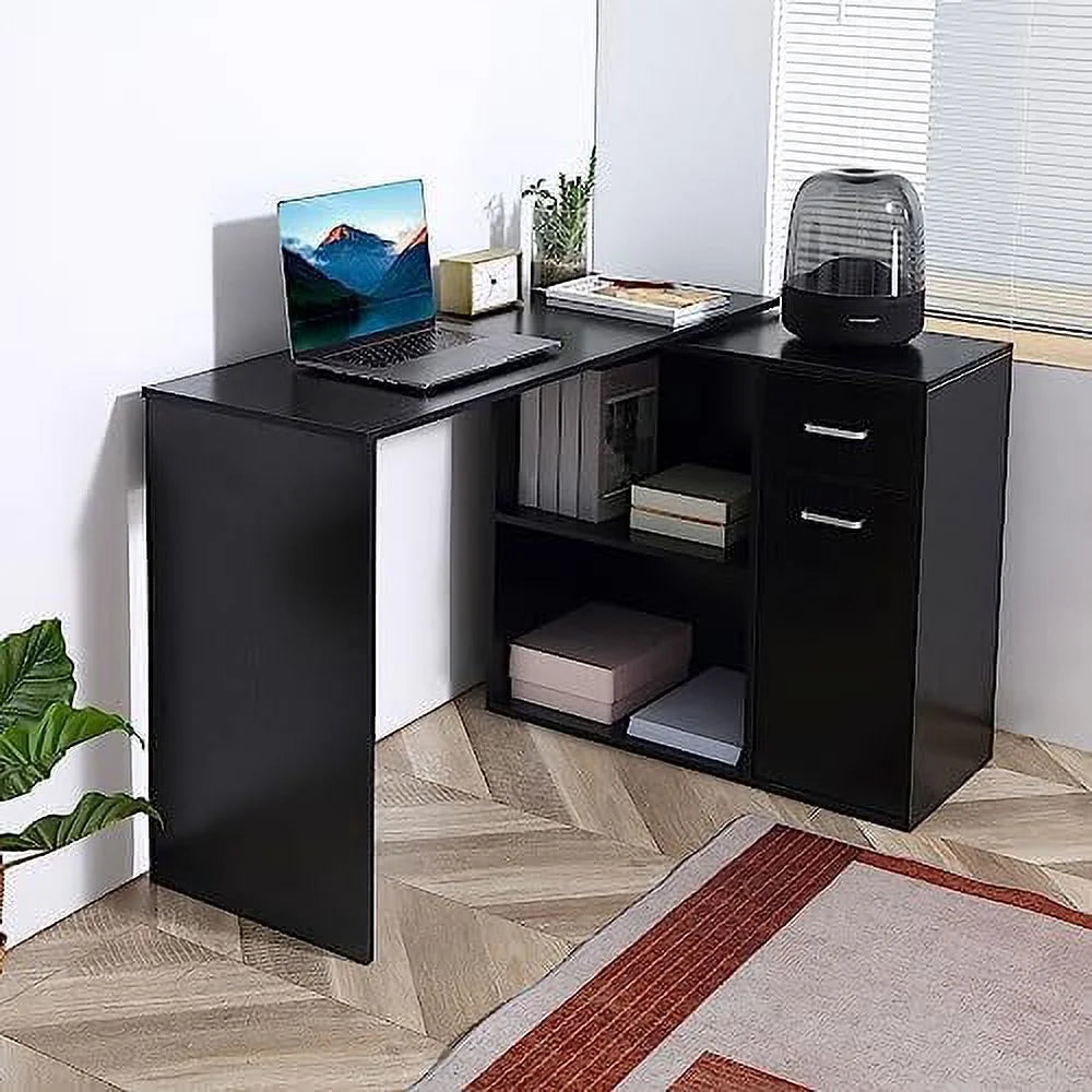 L Shaped Computer Desk with Shelves Drawer and Cabinet White Q334657