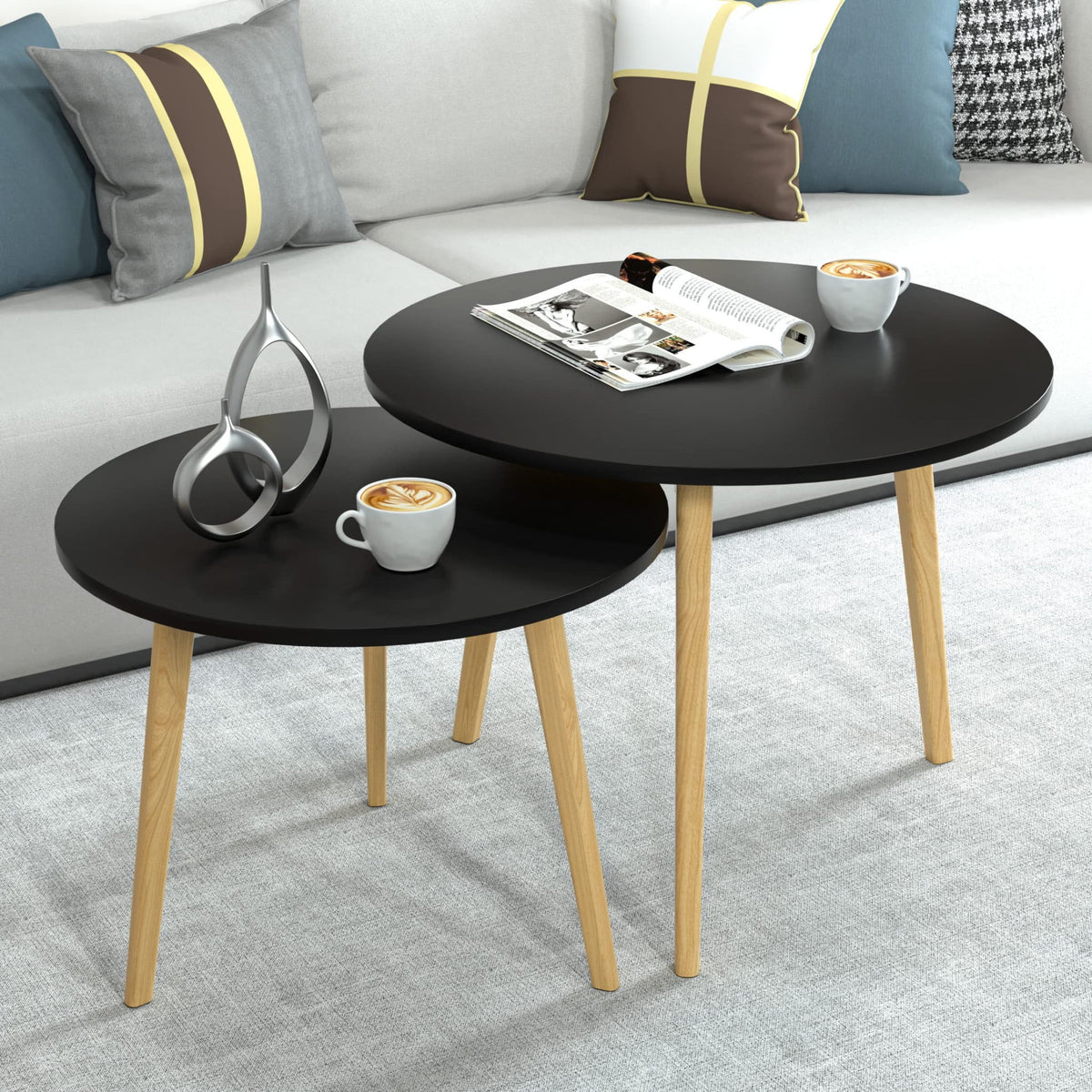 Wood Brown Black Round Nested Tables Set of 2 X1507